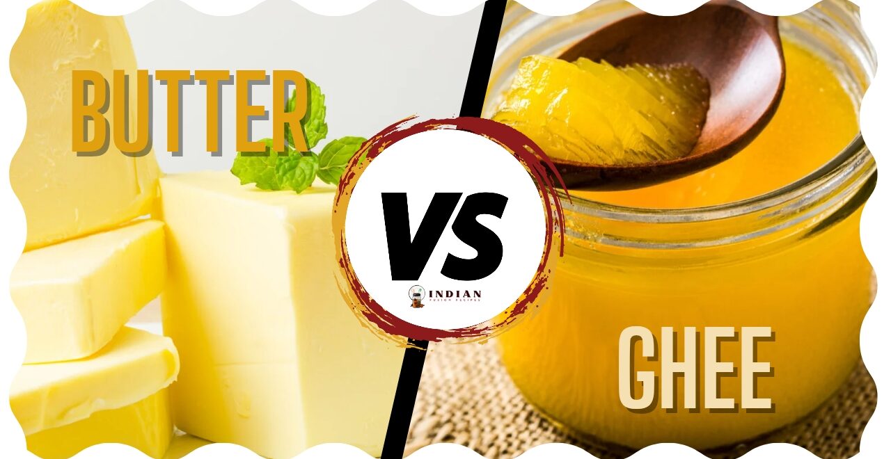 Spoonful of golden desi ghee with a blurred Indian kitchen background.