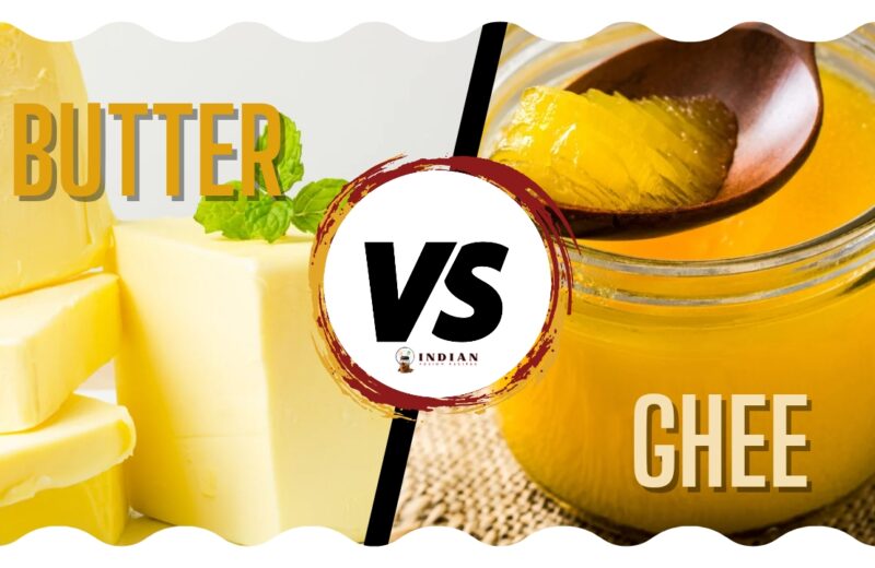 Spoonful of golden desi ghee with a blurred Indian kitchen background.