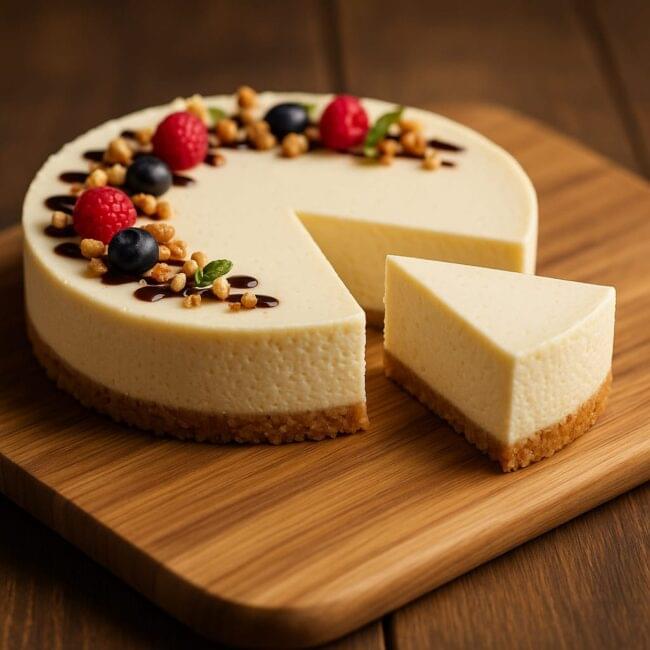 A single-serving protein cheesecake with fresh berries on top